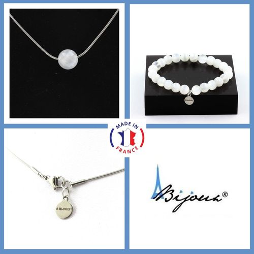 Parure Bracelet Collier 1 Perle Selenite Du Maroc 8 Mm. Chaine En Taille Personnalisable.