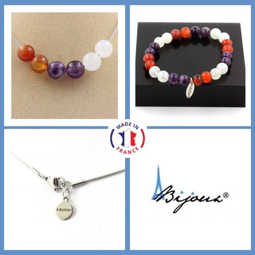 Parure Bijoux Bracelet Collier Perles Agate Rubanée + Améthyste + Taille Personnalisable.