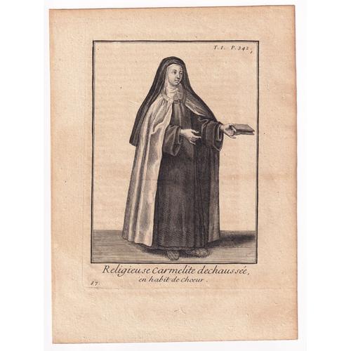 Gravure 1714 Religieuse Carmélite Déchaussée En Habit De Choeur Ordre Du Carmel Couvent