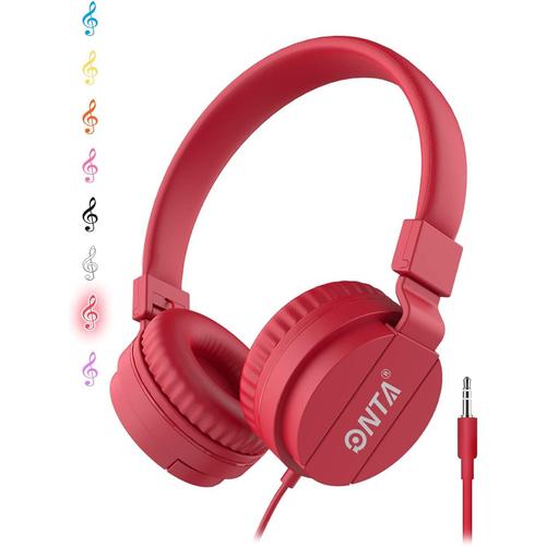 Pliable on Ear Casque Audio Enfant,Réglable Léger Écouteurs pour Enfants pour Ttéléphonesphones/iPhone/Tablettes/iPad/PC/MP3/MP4 (Rouge)