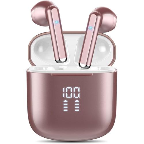 Ecouteurs Bluetooth sans Fil, Écouteurs Bluetooth 5.3 avec ENC Réduction de Bruit, Hi-FI Son Stéréo, Écouteur sans Fil IPX7 Étanche Oreillette Bluetooth Écran LED, Casque Bluetooth Or Rose