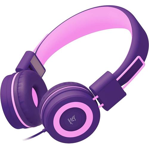 Camo Casque Audio Enfant, Casque Auriculaire avec Fil, Pliable Casque Audio Stéréo, Ecouteurs Enfants Filaire Ajustable Headphones pour Téléphones/PC/Tablettes/TV (Violet)