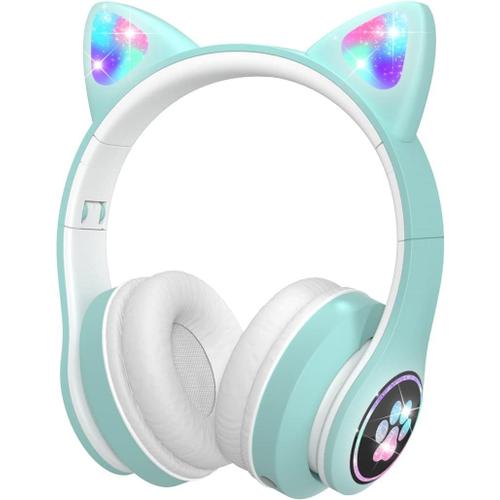 Bluetooth Casque Audio Enfants avec HD Microphone/Lumières LED, Ecouteurs Enfants du Volume Limité 85dB, Son Stéréo Casque Audio Enfants pour Smartphone,iPad,Tablet,Kindle,Ecole (Vert)