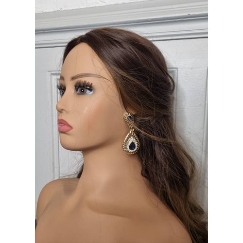 Boucles D'oreilles Pendantes Soirée Doré Avec Pierre Bleu