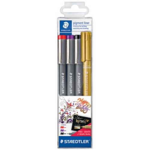 Staedtler Staedtler Pigmentliner, 3er Set +Gratis Metallic-Marker,Etui Noir