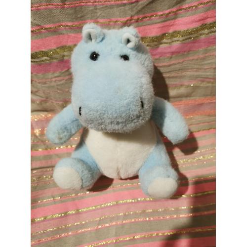 Peluche Hippopotame Bleu Blanc Assis Vintage