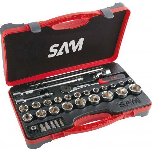 Coffret 1/2" de 32 outils en mm - 75-SH32 Coffret 1/2" douilles et accessoires - 32 pièces SAM OUTILLAGE