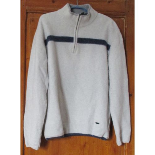 Pull Over À Col Roulé Avec Fermeture Éclair D'enfilage Devant-Gris Clair Avec Bandeau Bleu Marine Poitrine Et Au Bas Du Vêtement-Bords Et Bas Manches Côtélés-Taille 5 (46/Xl)-Marque 1981 Olly Gan