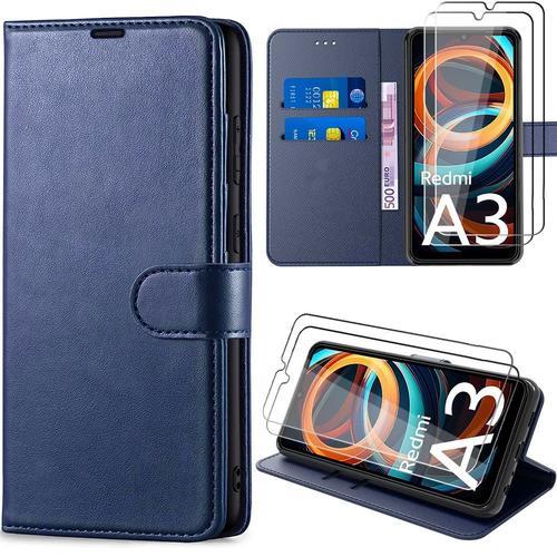 Coque Pour Xiaomi Redmi A3 Avec 2 Verres Trempés, Antichoc En Cuir Pu, Avec Porte-Cartes Et Fonction De Support - Bleu Marine - E.F.Connection