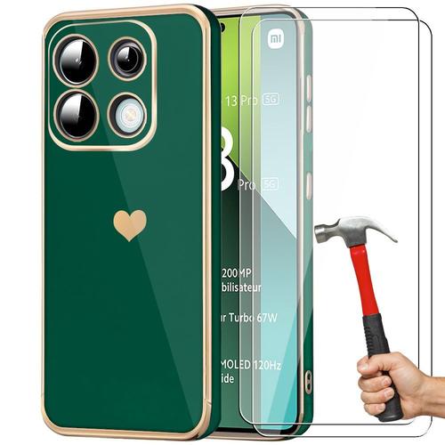 Coque + 2 Verres Trempés Pour Xiaomi Redmi Note 13 Pro 5g (Pas Pour 4g), Silicone Liquide Motif Amour - Vert Nuit - E.F.Connection