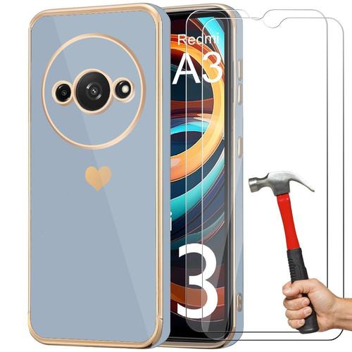 Coque Pour Xiaomi Redmi A3, Antichoc En Silicone Bleu, Motif D'amour CUr Plaqué Or + 2 Verres Trempés - E.F.Connection