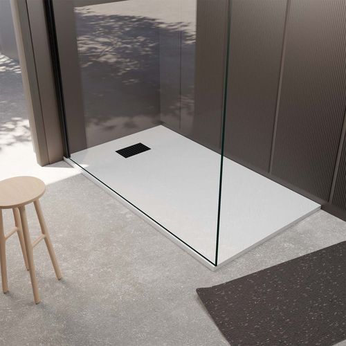 Pack Receveur Blanc Effet Pierre 80x120 cm et Grille décor Perforée Noire Mate