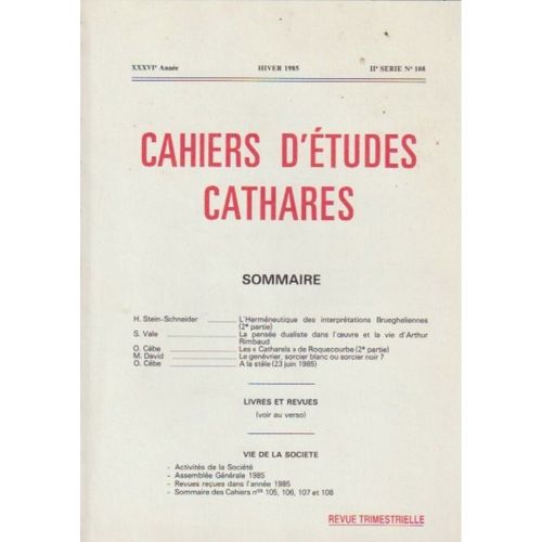 Cahiers D'etudes Cathares - Trentième Sixième Année N°108