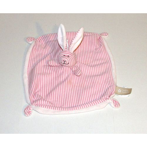 Lapin Mouchoir Plat Beige A Rayures Rose Tissus Coton Bio Doudou Peluche Teddy Kompaniet 26cm X 24cm