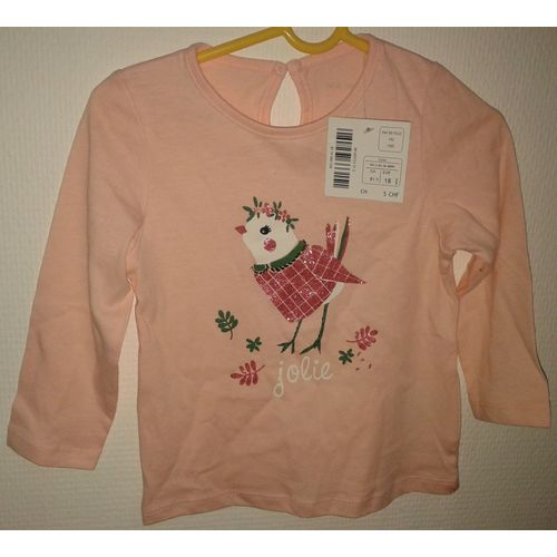 T-Shirt Manches Longues Rose Motif Oiseau 18 Mois Pat Et Ripaton Neuf Avec Etiquette