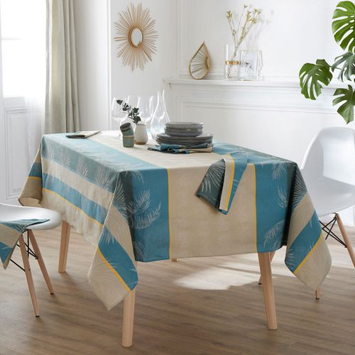 Lot De 3 Serviettes De Table 45x45 Cm Palmier Bleu Lagon Jacquard 100% Coton Sans Enduction