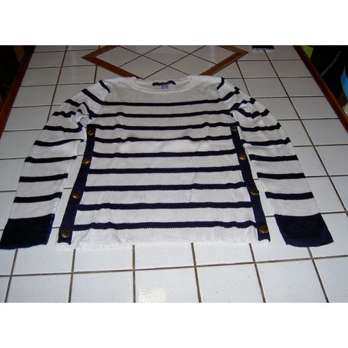 Pull Manches Longues Col Rond Beige Et Noir À Rayures Venca Modèle Casual Taille 16 Ans