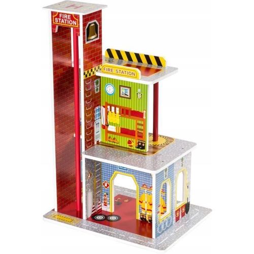 Dodo Toys Caserne De Pompiers En Bois Avec Piste D'atterrissage 60 X 40 X 30 Cm, 4 Etages , Accessoires, Tuyau D'évacuation