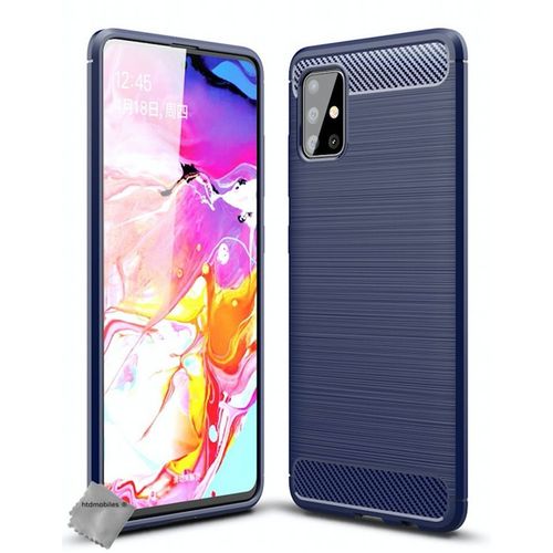 Housse Etui Coque Silicone Gel Carbone Pour Samsung Galaxy A51 + Verre Trempe - Bleu Fonce
