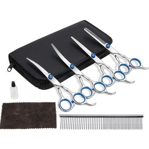 5 Pièces Ciseaux Professionnels En Acier Inoxydable Incurvées Et Effiler Peigne Pour Chien Chats Et Animaux Kit De Toilettage De Haute Qualité - Bleu