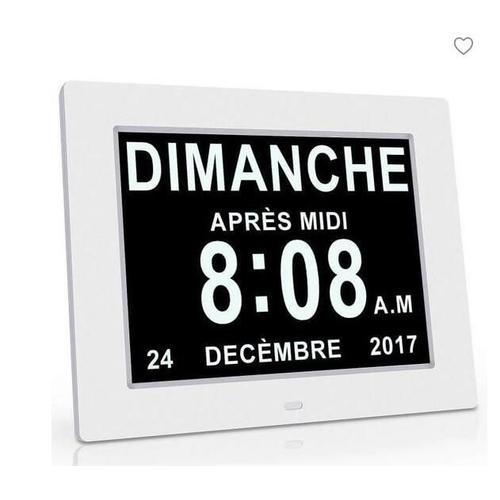 Horloge Calendrier avec Date Jour Heure Grande Alarme Auto Dimming pour Les Personnes agées - Alzheimer et Les Enfants-Blanc