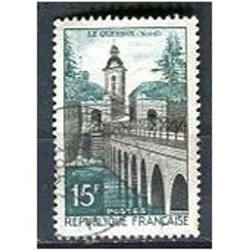 Timbre Oblitéré Pont Et Eglise Le Quesnoy France Nord 15 Francs 1957 Yvert Et Tellier N°1106.