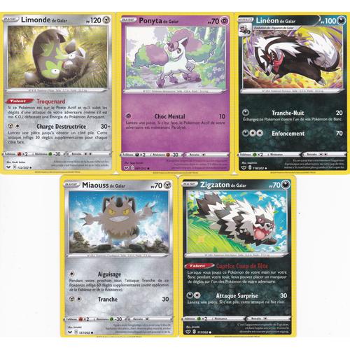 5 Cartes Pokemon - Lineon De Galar 118/202 - Ponyta De Galar 081/202 - Limonde De Galar 132/202 - Miaouss De Galar 127/202 - Zigzaton De Galar 117/202 - Epée Et Bouclier