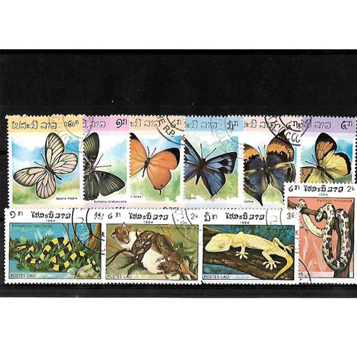 Laos-Faune : Papillons Et Reptiles-Lot De 10 Timbres Oblitérés-Très Bon Etat