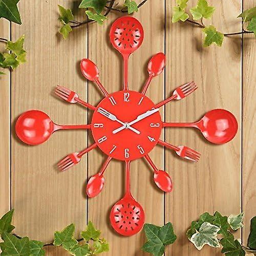 Horloge murale de cuisine moderne en métal ¿ Design créatif fourchette, cuillère et couverts (40,6 cm, rouge)