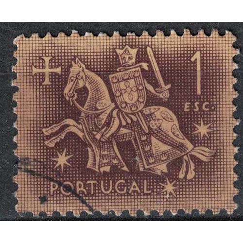 Portugal 1953 Oblitéré Used Chevalier Sceau Du Roi D. Dinis 1 Escudo Carmine Brun Rose Su