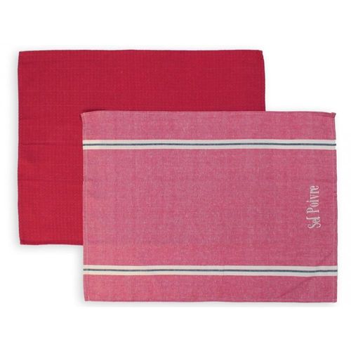 Lot De 2 Torchons En Coton Sel Et Poivre Rouge, Brodé 50x70 Cm