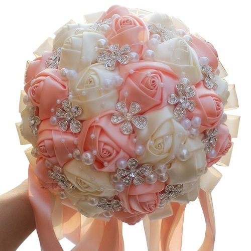 Mvi 18cm Magnifique Cristal Ivoire Mariage Bouquet Satin Rose Fleur Bouquets Ruban Mariage Mariee Bouquet