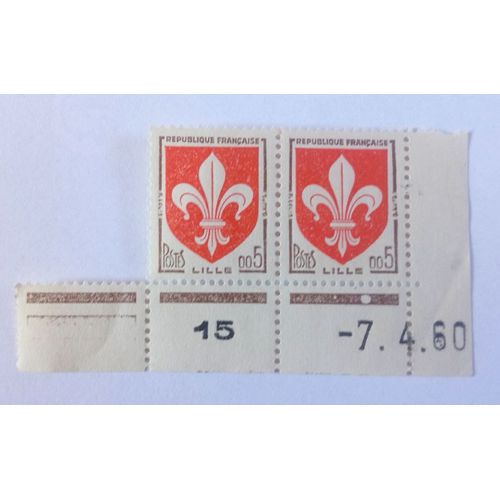 2 Timbres France - Yt 1230 - 2 X 0,05f - 1960 - Armoiries De Lille (Nouveaux Francs)