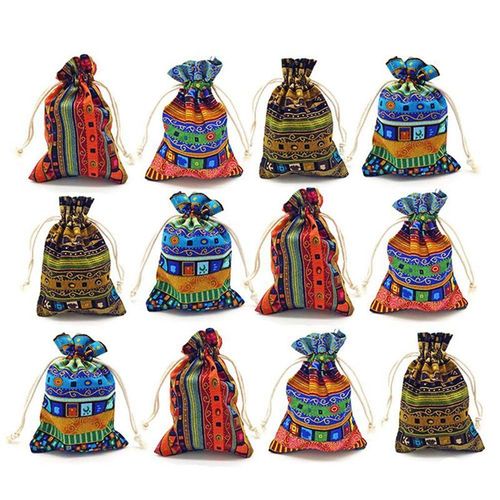 Mvi 12pc Style Egyptien Bijoux Piece Pochette Imprimer Cordon Cadeau Sac Coton Sachet Bonbons Voyage Sac À Main Ethnique