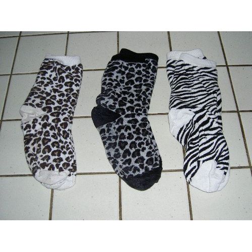 Lot De 3 Paires De Chaussettes Modèles Animaux Sauvages 1 Noire Et Blanche Et 1 Marron Et Blanche Type Panthère Jaguar Et 1 Blanche Et Noire Type Zèbre Taille 38/41 Soit 12 À 14 Ans