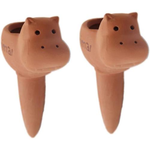 Lot de 2 piquets d'arrosage pour plantes en terre cuite pour plantes de petite et moyenne taille, piquets d'arrosage automatique pour plantes d'intérieur (moyen ¿ hippopotame)