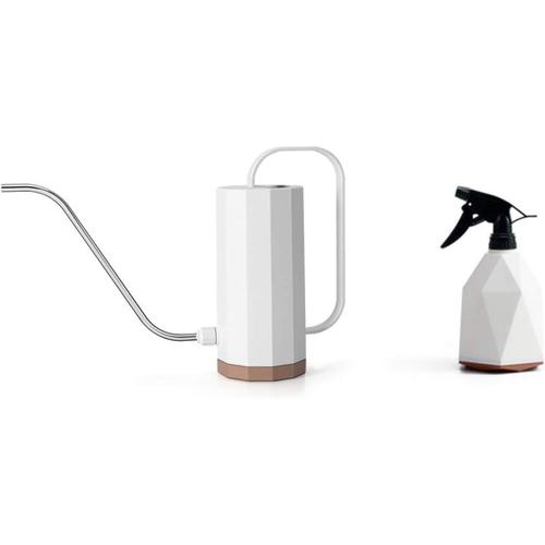 Arrosoir en plastique, arrosoir à long bec en acier inoxydable pour arroser les plantes d'intérieur et d'extérieur, plantes grasses et fleurs, bec long, 1,2 litre, avec flacon pulvérisateur de 600 ml en bonus (blanc)