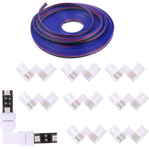 Lot de 8 connecteurs de bande LED RVB à 4 broches de type L 10 mm, 5 m, câble d'extension pour bande lumineuse LED RVB 5050 3528, avec fil de connexion rapide, 22-20 AWG
