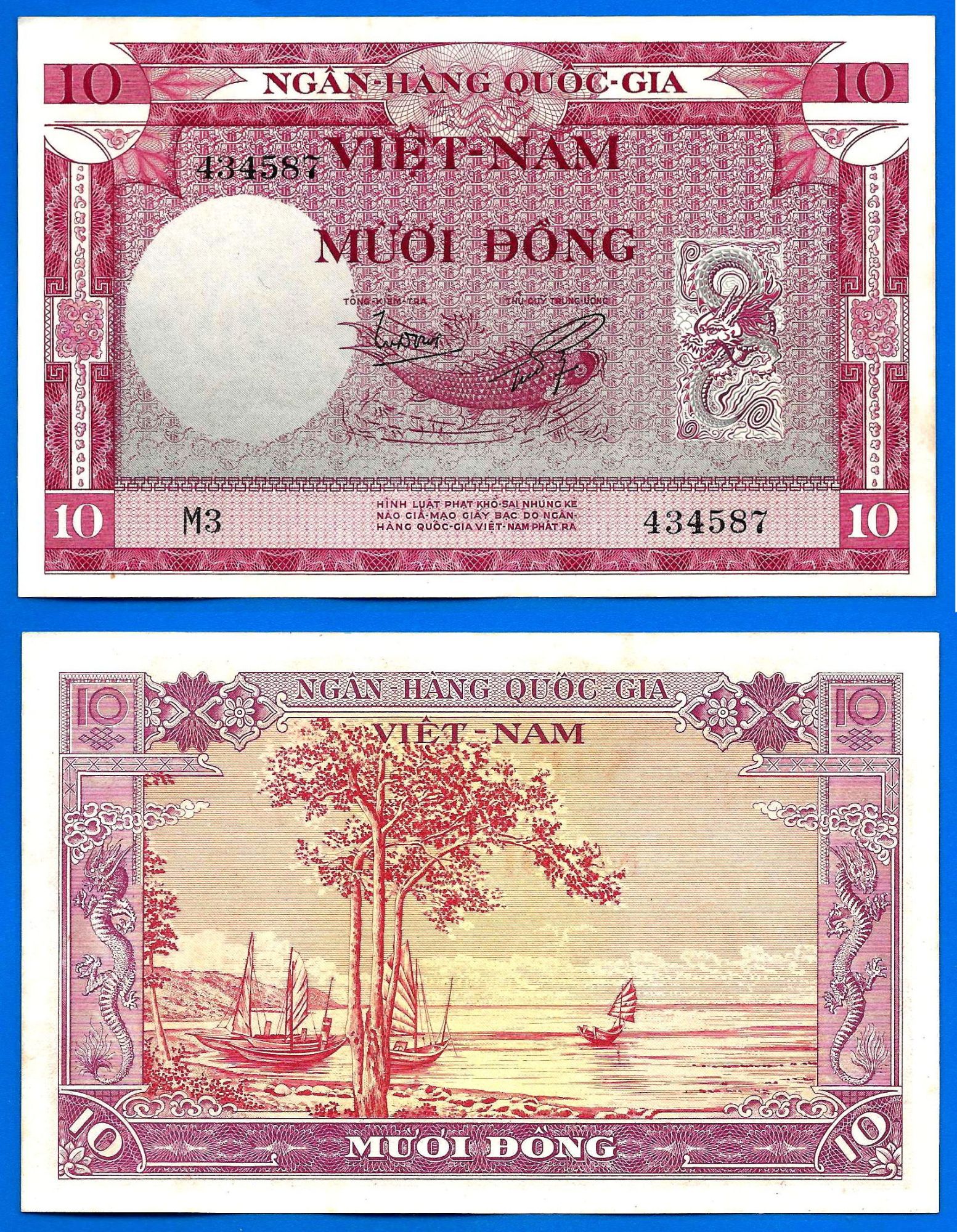 Vietnam Sud 10 Dong 1955 Asie Poisson Bateau Billet