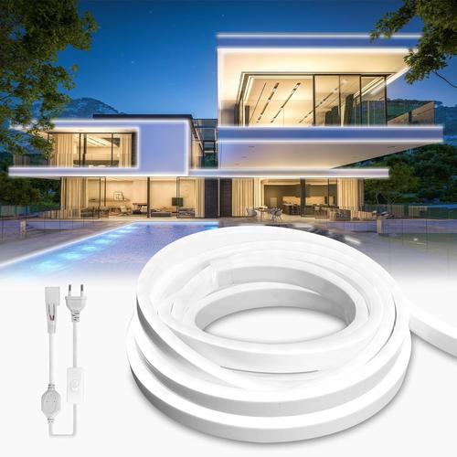 Ruban Led Néon 5m, Exterieur Blanc Lumière De Bande 220v Lumineuse 120 Led/M Étanche Ip65 Lampe De Flexible Imperméable Découpable Intérieure,Inclus Adaptateur Secteur,Pour Chambre, Cuisine