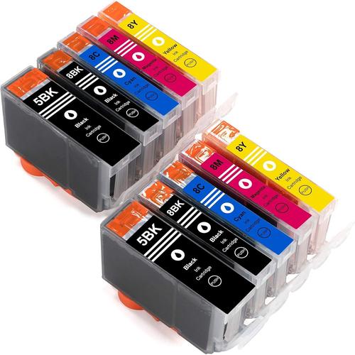 10 Cartouches d'encre compatibles avec puce et indicateur de niveau pour Imprimante Canon Pixma IP4200 IP4300 IP4500 IP5200 IP5300 IP5400 MP500 MP530 MP600 MP610 MP800 MP810 (Remplacement pour PGI-5BK CLI-8BK CLI-8C CLI-8M CLI-8Y)