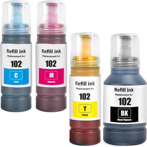 102 Encre Compatible avec Epson 102 pour EcoTank ET-2700 ET-2750 ET-2751 ET-2756 ET-2850 ET-2851 ET-2856 ET-3700 ET-3750 ET-3850 ET-4750 ET-4850 ET-4856 ET-15000 Imprimante (BK/C/M/Y)