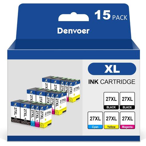 15Pack 27XL Compatible avec Epson 27XL 27 Cartouche pour Epson WF 3620 pour Epson WF 7620 pour Espon Workforce WF-7720 WF-7610 WF-7715 WF-7110 WF-7210 WF-3640 (6 Noir,3 Cyan,3 Magenta,3 Jaune)