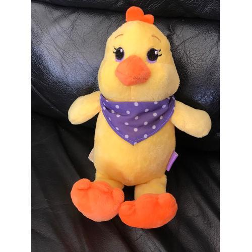 Doudou Peluche Poussin Canard Milka Jaune Orange Bandana Mauve Pois Blanc 23cm