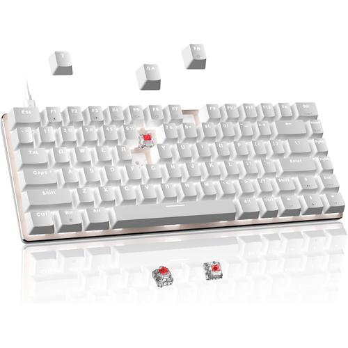 Clavier Mécanique De Jeu Remplaçable À Chaud, Interrupteur Rouge Filaires À 82 Touches Clavier Compact Ergonomique Rétroéclairé Par Led Blanche Anti-Fantômes Pour Pc Windows Et Mac Ps4 Gamer, Blanc