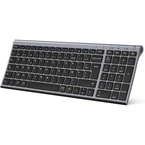 Clavier sans Fil Bluetooth, Clavier sans Fil Multi-dispositifs avec 3 Canal Bluetooth,AZERTY Français, USB-C, Ultra-Mince, pour Apple MacOS, Linux, iOS, Android, PC