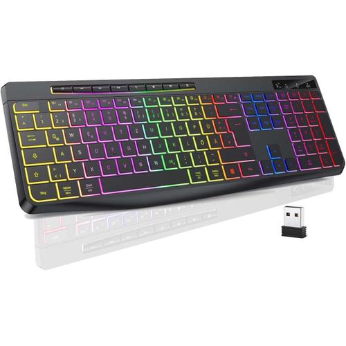 Clavier De Jeu Sans Fil - Clavier Qwertz Silencieux Éclairé Ergonomique Et Étanche - Clavier Led 2,4 Ghz Pour Windows/Mac/Ps4/Xbox Avec Touches Multimédias - Noir