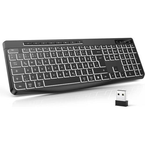 Clavier De Jeu Sans Fil - Clavier Qwertz Silencieux - Blanc Éclairé - Ergonomique - Étanche - 2,4 Ghz - Led - Pour Windows/Mac/Ps4/Xbox - Avec Touches Multimédias - Noir