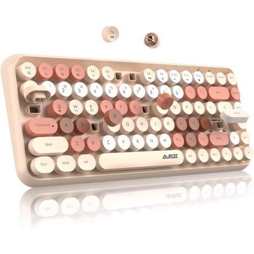 308i Clavier sans Fil Rétro, Bluetooth Silent Cute Computer Keyboard, Punk Ronds Compact 84 Touches,Texture Mate, Typewriter Design, QWERTY, Multidispositif pour PC Laptop Mac-Thé au Lait