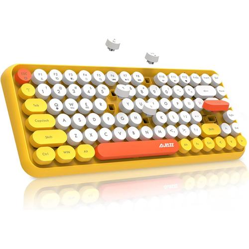 308i Clavier sans Fil Rétro, Bluetooth Silent Cute Computer Keyboard, Keycaps Punk Ronds, Compact 84 Touches,Texture Mate, Typewriter Design, QWERTY, Multidispositif pour PC Laptop Mac-Jaune